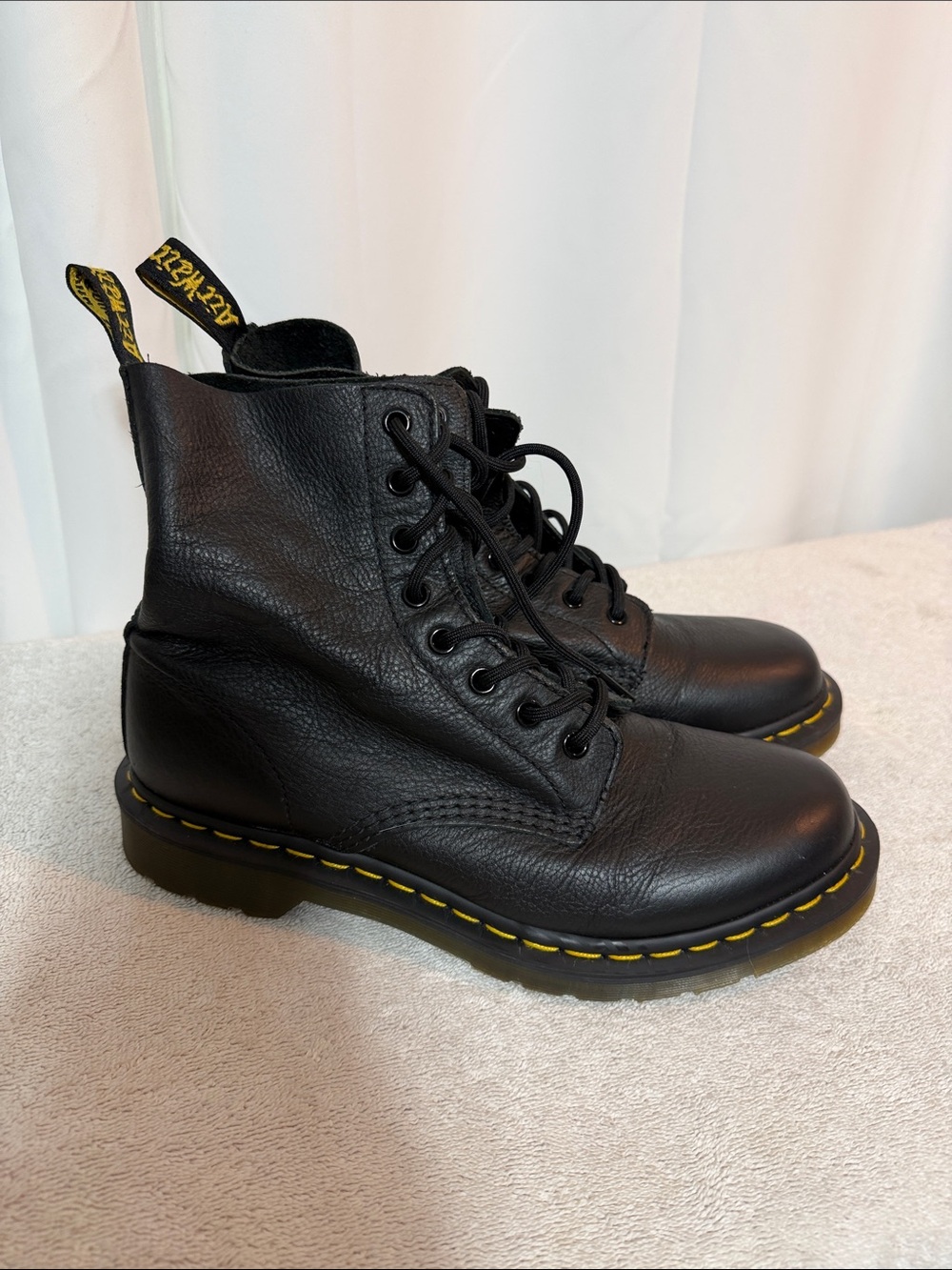 Dr. Martens Black Leather Lace-Up Combat Boots with Yellow Stitching